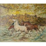 ERNEST GREENWOOD OIL ON CANVAS Horses in a river signed and dated 1972 19 1/2" x 23 1/2 " (49.5cm