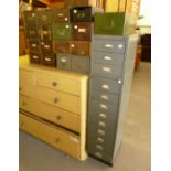 A SELECTION OF STAINED WOOD, FABRIC CLAD AND GREY METAL CARD INDEX AND SMALL FILING DRAWERS