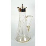 EDWARDIAN SILVER MOUNTED CUT GLASS CLARET JUG, tapering form with acid etched laurel wreath