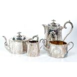 FOUR PIECES WALKER AND HALL ELECTROPLATED TEA SET, of tapering serpentine outline with scroll