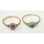 A 9ct GOLD TINY DIAMOND AND GREEN STONE SET CLUSTER RING, the four green stones within a surround of