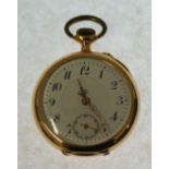 SWISS, 14CT GOLD CASED OPEN FACE FOB WATCH, keyless movement, arabic dial with seconds dial,