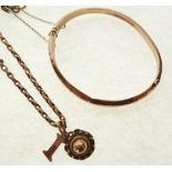 9CT GOLD HINGE OPENING BANGLE, Chester 1885, and AN ELONGATED BELCHER CHAIN NECKLACE (tested 9ct),