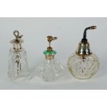 CUT GLASS PERFUME ATOMISER, WITH SILVER AND PALE GREEN GUILLOCHE ENAMEL MOUNT, TOGETHER WITH TWO