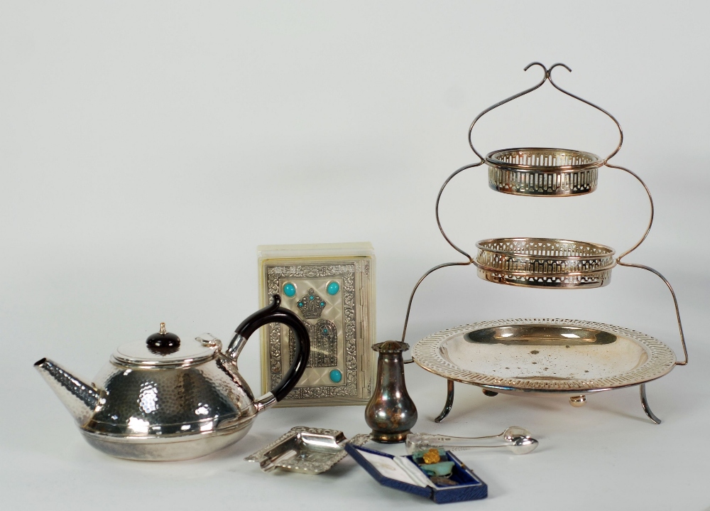 A SELECTION OF ELECTRO-PLATE including a three piece planished tea service, entree dish, baskets,