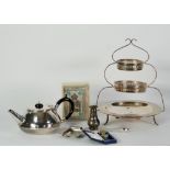 A SELECTION OF ELECTRO-PLATE including a three piece planished tea service, entree dish, baskets,