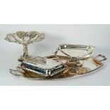 ELECTROPLATED TWO HANDLE TRAY, 19 ½" (49.5cm) long, AN OCTAGONAL PEDESTAL DISH, 9 ½" (24.1cm)