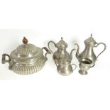 CONTINENTAL PEWTER THREE PIECE TEA AND COFFEE SERVICE, with twisted handles, WITH ASSOCIATED CREAM