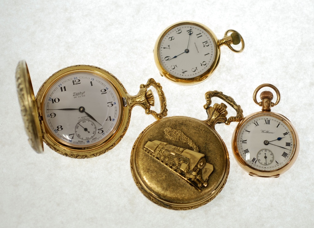 A MODERN SWISS ZEPHYR DE LUX GOLD-PLATED CASED HUNTER POCKET WATCH with 17 jewel keyless movement