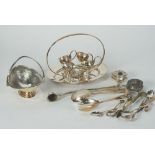 ELECTROPLATE OVAL EGG CRUET, with oval hoop, four egg cups each with a 'C' scroll handle and four