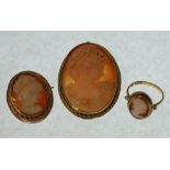 CARVED SHELL CAMEO BROOCH, IN 9CT GOLD FRAME, Edinburgh 1977, 1 ¾" (4.5cm) long, ANOTHER SMALLER