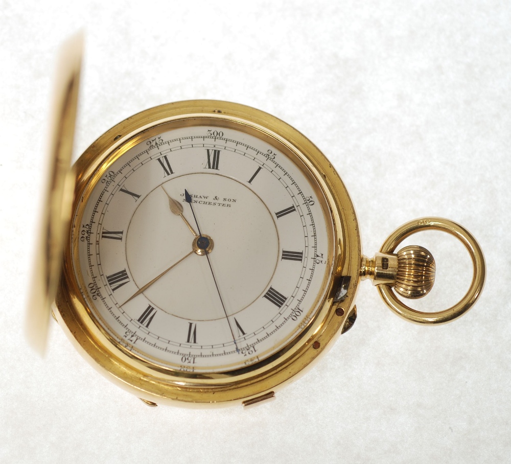 AN EARLY 20TH CENTURY J SHAW, MANCHESTER 18CT GOLD CASED KEYLESS CHRONOGRAPH CENTRE SECONDS HUNTER