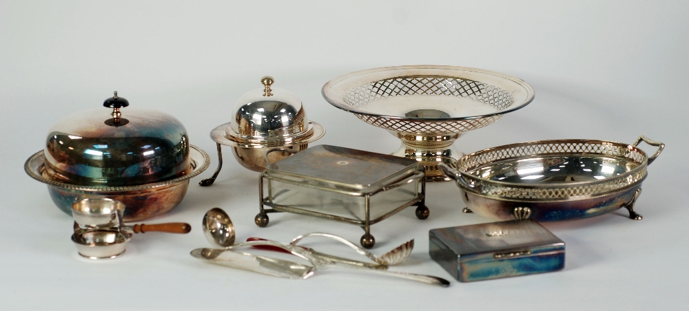 A SELECTION OF ELECTRO-PLATE including a three piece planished tea service, entree dish, baskets, - Image 2 of 2