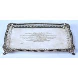 SILVER OBLONG TRAY, gadroon edge with shell capped corners and pierced border, centre with