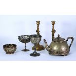 VICTORIAN EP AESTHETIC MOVEMENT TEAPOT, circular and dome shaped and engraved with strapwork and