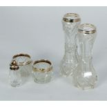 PAIR OF CUT GLASS SPECIMEN VASES WITH SILVER COLLARS, 6" (15.2cm) high, PAIR OF CUT GLASS OPEN SALTS