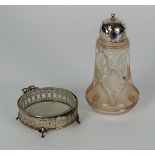 GLASS SUGAR CASTOR, WITH SCREW OFF SILVER LID, Birmingham 1915, AND A BUTTERDISH, WITH PIERCED