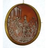 CARVED SHELL CAMEO BROOCH, depicting classical triumphal procession, in unmarked gold frame, 6.3cm