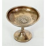 SILVER PEDESTAL BONBON DISH, with embossed masonic crest to the centre, on knopped stem and circular