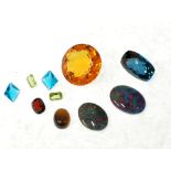 LOOSE ROUND MIXED CUT CITRINE, 21ct approx., A LOOSE CHECKERBOARD CUT BLUE TOPAZ, TWO LOOSE