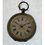 SWISS SILVER CASED OPEN FACE FOB WATCH, key wind movement, gilt decorated roman dial, foliate