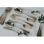 A SET OF SIX EARLY TWENTIETH CENTURY CHINESE SILVER METAL DESSERT SPOONS AND SIX MATCHING FORKS, the