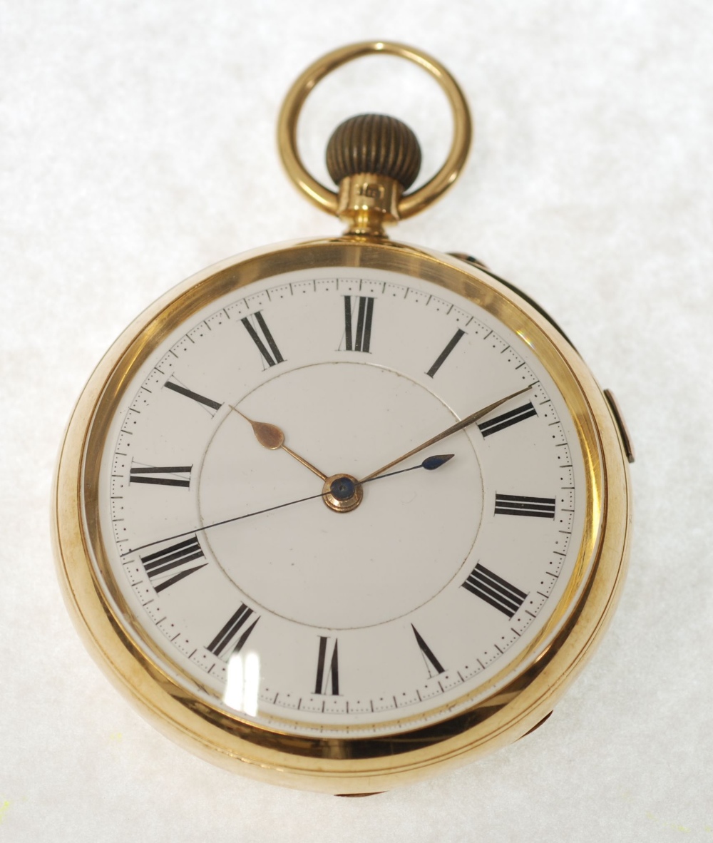 AN EARLY 20th CENTURY 18ct GOLD CASED OPEN-FACE CHRONOGRAPH CENTRE SECONDS KEYLESS POCKET WATCH with