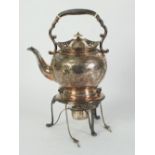 LATE VICTORIAN ELECTROPLATED KETTLE ON SPIRIT BURNER STAND, of near orbicular form with foliate