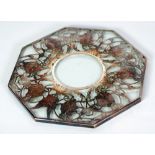 OCTAGONAL GLASS TEAPOT STAND WITH SILVER METAL FOLIATE OVERLAY DECORATION, 8" (20.3cm) wide