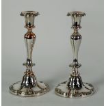 PAIR OF VICTORIAN PLATED ON COPPER CANDLESTICKS, of quatrelobate baluster form, with stamped soft