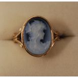 SARDONYX CAMEO RING, carved with female bust, bezel set with bifurcated scroll shoulders and plain