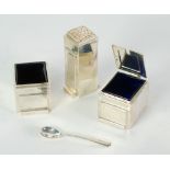 ART DECO SILVER THREE PIECE CONDIMENT SET, square panelled form, with blue glass liners and spoon