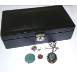 COSTUME JEWELLERY, including RUSKIN POTTERY CERAMIC BROOCH (af), BEADED AND CHAIN NECKLACES,