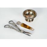 VICTORIAN PAIR OF ELECTROPLATED VINE EMBOSSED GRAPE SCISSORS, A PLATED OPEN SALT AND A BOOKMARK (3)