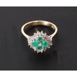 18ct GOLD, EMERALD AND DIAMOND SQUARE CLUSTER RING, three tier with tiny centre diamond with