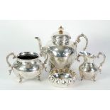 THREE PIECES OF VICTORIAN ELECTROPLATED TEA SET, of orbicular form with scroll handles, bone knop