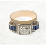 DIAMOND AND SAPPHIRE SET RING, the centre old-cut diamond of approximately 1 carat in a square