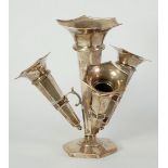 SILVER FLOWER EPERGNE, hexagonal central fixed trumpet vase with three scroll branches, each