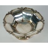 SILVER OCTAGONAL PEDESTAL BOWL, the everted, panelled sides having step moulded borders with six fan