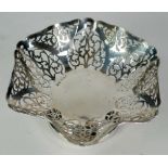 SILVER PEDESTAL BON BON DISH, hexagonal with cut card pierced wavy sides, on short waisted stem