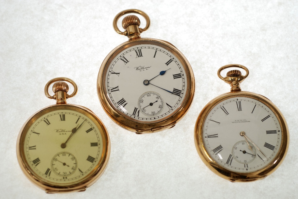 AN EARLY 20th CENTURY AMERICAN WALTHAM WATCH CO GOLD-PLATED CASED OPEN-FACE KEYLESS POCKET WATCH