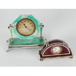 A CIRCA 1930's STERLING SILVER AND GREEN GUILLOCHE ENAMEL BEDSIDE CLOCK, and ANOTHER gilt metal