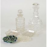 MILLEFIORI GLASS SMALL WAVY EDGED DISH, TWO DECANTERS AND THREE SMALL DISHES