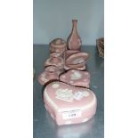EIGHT PIECES OF WEDGWOOD PINK JASPERWARE POTTERY, THREE BOXES AND COVERS, PAIR OF CANDLE HOLDERS,