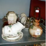 MOTTLED GREEN AND RED CASED GLASS TWO HANDLED VASE, PAIR OF ORIENTAL ENAMELLED PLATES, VARIOUS TEA