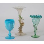 LATE VICTORIAN PRESS MOULDED PALE BLUE GLASS GOBLET, the bowl and knop stem with strawberry