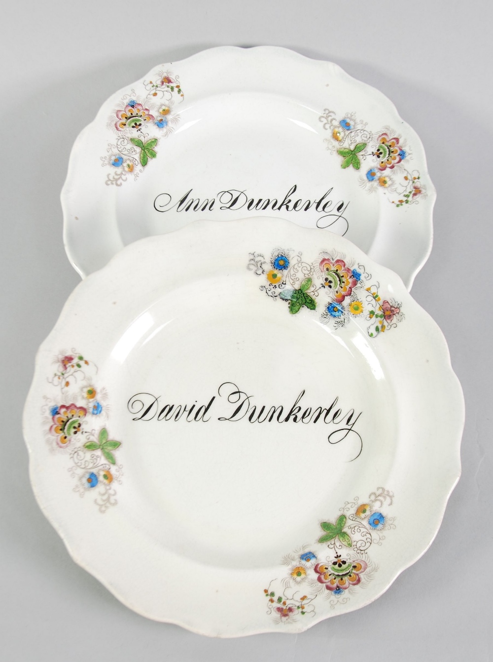 PAIR OF 19th CENTURY MIDDLESBROUGH POTTERY CHRISTENING PLATES, 'Anne Dunkerley' and 'David - Image 2 of 2