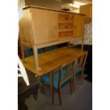 CIRCA 1960'S BLONDWOOD DINING ROOM SUITE OF SIX PIECES, THE SMALL SIDEBOARD WITH CENTRAL NEST OF