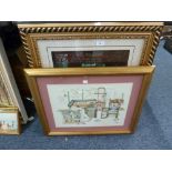 A FINE CHINESE SILK EMBROIDERY DEPICTING A WINDOW GARDEN SCENE, FRAMED AND GLAZED AND A CROSS-