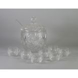 GOOD QUALITY CUT GLASS PUNCH BOWL, with ladle and set of seven cups, the punch bowl and cover, 12